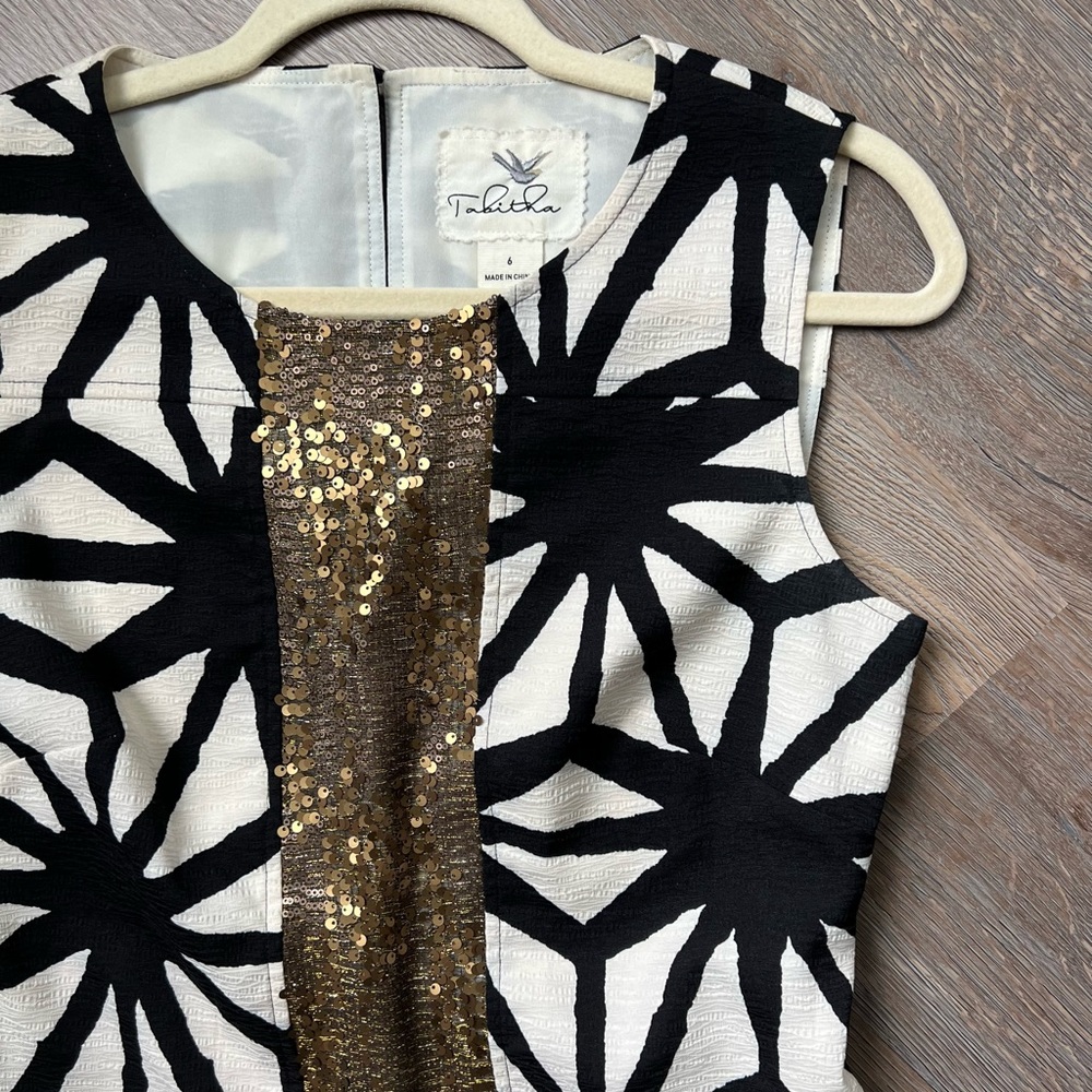 Anthropologie Tabitha Abstract Print Gold Sequin Sleeveless Shift Dress Sz 6 - Picture 7 of 8